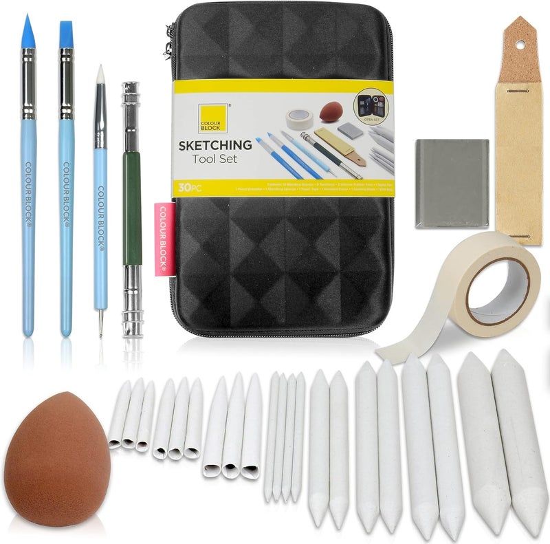 COLOUR BLOCK 30pcs Sketching Tool Set with Soft Pastels Drawing Art Blenders, Blending Stumps, Tortillions, Sandpaper, Sketch Pencil Extender, Rubber Pens - Image 1